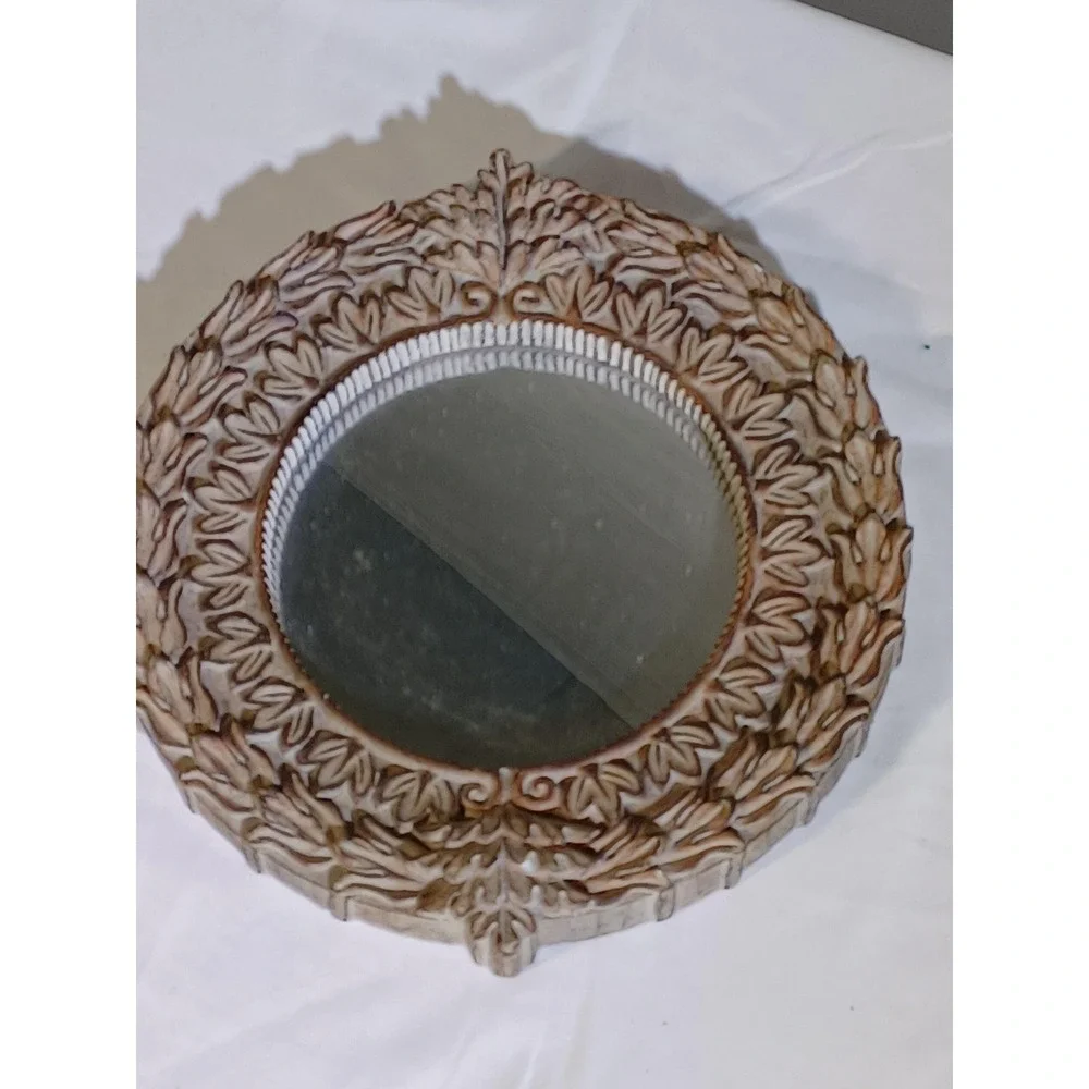 Brown Round 12 Inch Accent Wall Mirror Distressed Resin‎ Floral Shabby Decor